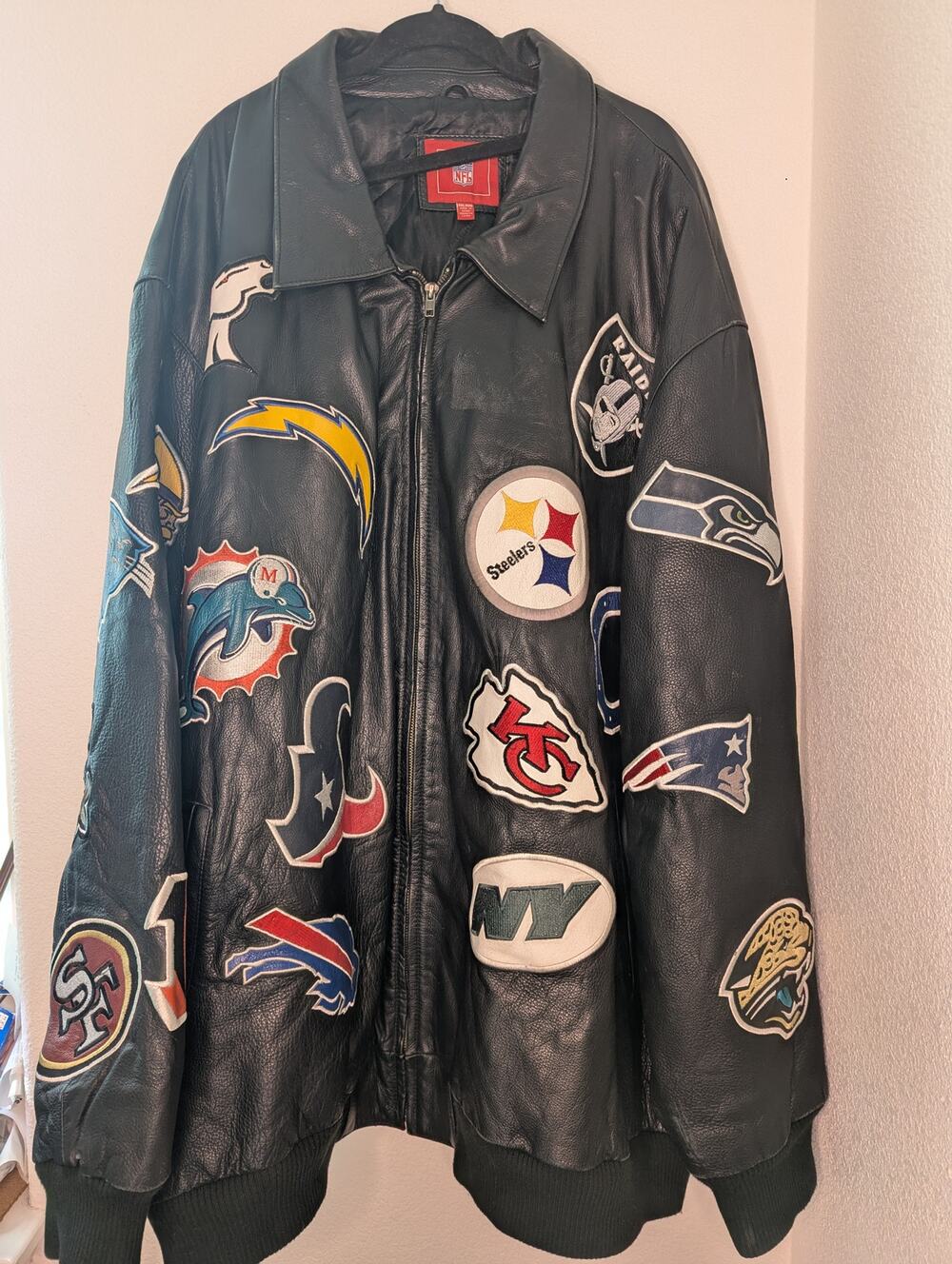 Jeff Hamilton NFL Patch Leather Bomber Jacket 6XL Rare Collector's Sports Moto
